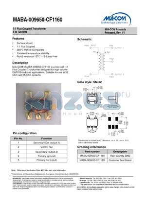 MABA-009650-CF1160 datasheet - 1:1 Flux Coupled Transformer