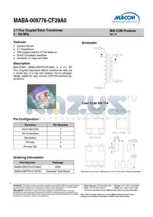 MABA-009776-CF28TB datasheet - 2:1 Flux Coupled Balun Transformer 5 - 100 MHz