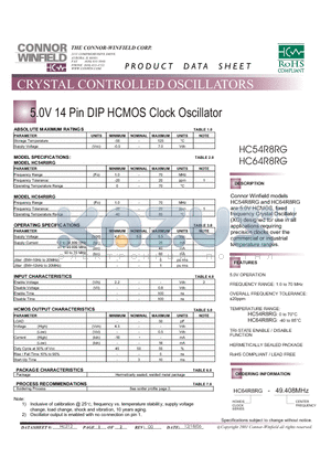 HC54R8RG datasheet - 5.0V 14 Pin DIP HCMOS Clock Oscillator