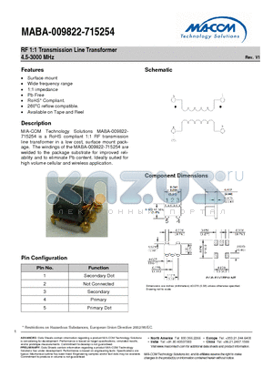 MABA-009822-715254 datasheet - RF 1:1 Transmission Line Transformer