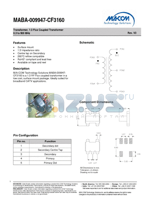 MABA-009947-CF3160 datasheet - Transformer, 1:3 Flux Coupled Transformer