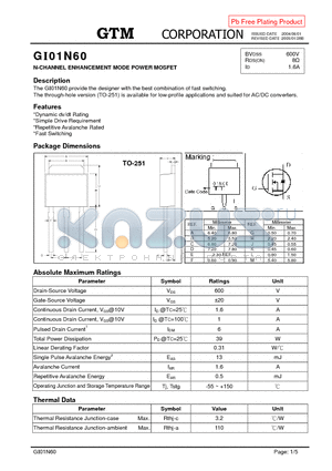 GI01N60 datasheet - N-CHANNEL ENHANCEMENT MODE POWER MOSFET