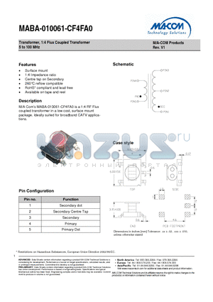 MABA-010061-CF4FA0 datasheet - Transformer, 1:4 Flux Coupled Transformer