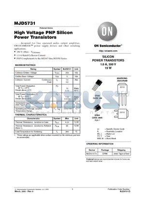 MJD5731 datasheet - High Voltage PNP Silicon Power Transistors