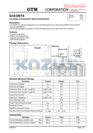 GI03N70 datasheet - N-CHANNEL ENHANCEMENT MODE POWER MOSFET