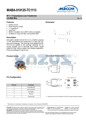 MABA-010125-TC1113 datasheet - RF 1:1 Transmission Line Transformer