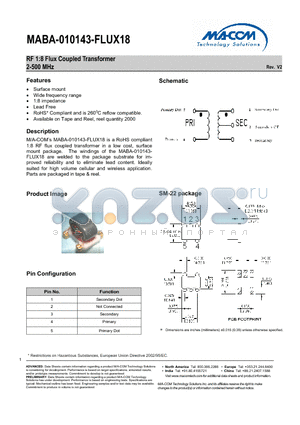 MABA-010143-FLUX18 datasheet - RF 1:8 Flux Coupled Transformer