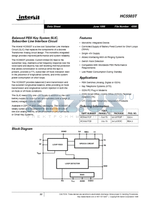 HC5503T datasheet - Balanced PBX/Key System SLIC, Subscriber Line Interface Circuit