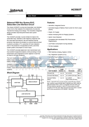 HC5503T datasheet - Balanced PBX / Key System SLIC, Subscriber Line Interface Circuit