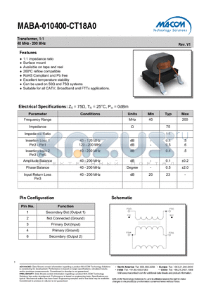 MABA-010400-CT18A0 datasheet - Transformer, 1:1