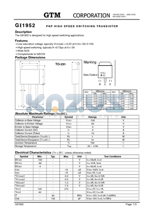 GI1952 datasheet - PNP HIGH SPEED SWITCHING TRANSISTOR