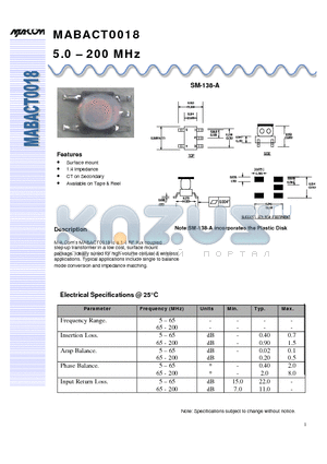 MABACT0018 datasheet - 1:4 RF flux coupled step-up transformer 5.0 - 200 MHz