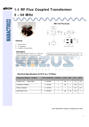 MABACT0022 datasheet - 1:1 RF Flux Coupled Transformer 5 - 50 MHz