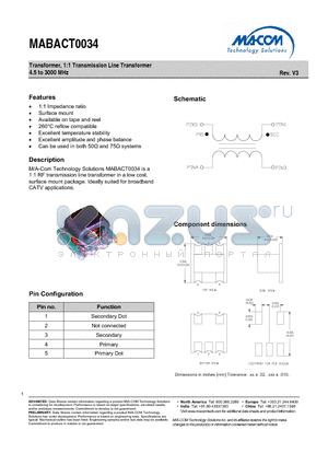 MABACT0034 datasheet - Transformer, 1:1 Transmission Line Transformer