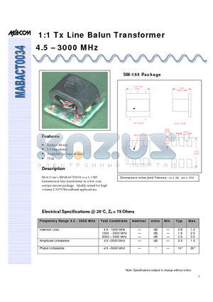 MABACT0034 datasheet - 1:1 Tx Line Balun Transformer 4.5 - 3000 MHz
