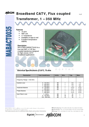 MABACT0035 datasheet - Broadband CATV, Flux coupled Transformer, 1 - 350 MHz