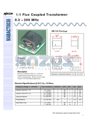 MABACT0036 datasheet - 1:1 Flux Coupled Transformer 0.3 - 200 MHz