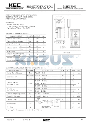 MJE13003 datasheet - TRIPLE DIFFUSED NPN TRANSISTOR(SWITCHING REGULATOR, HIGH VOLTAGE AND HIGH SPEED SWITCHING)