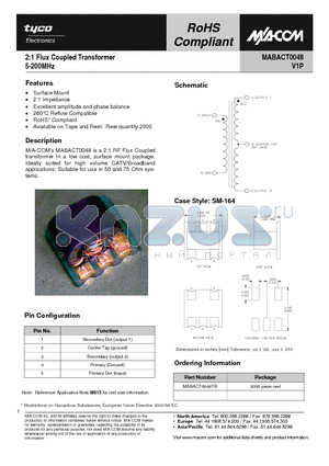 MABACT0048 datasheet - 2:1 Flux Coupled Transformer 5-200MHz