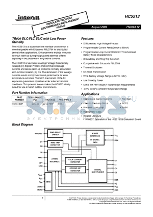 HC5513BIP datasheet - TR909 DLC/FLC SLIC with Low Power Standby