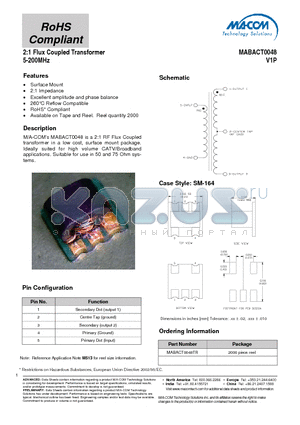 MABACT0048TR datasheet - 2:1 Flux Coupled Transformer 5-200MHz