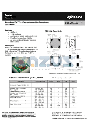 MABACT0051 datasheet - Broadband CATV 1:1 Transmission Line Transformer 50-1200MHz