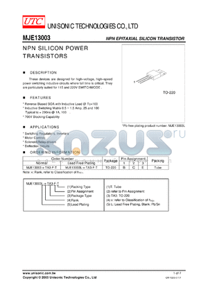 MJE13003-TO-220 datasheet - NPN EPITAXIAL SILICON TRANSISTOR