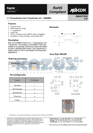 MABACT0059 datasheet - 1:1 Transmission Line Transformer 4.5 - 3000MHz