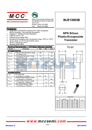 MJE13003B datasheet - NPN Silicon Plastic-Encapsulate Transistor