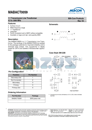 MABACT0059 datasheet - 1:1 Transmission Line Transformer 4.5 to 3000 MHz