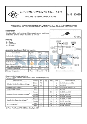 MJE13003D datasheet - TECHNICAL SPECIFICATIONS OF NPN EPITAXIAL PLANAR TRANSISTOR