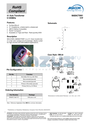 MABACT0061 datasheet - 4:1 Auto Transformer 5-1200MHz