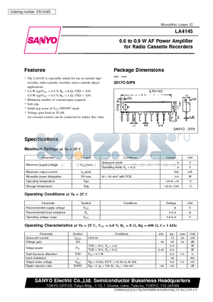 LA4145 datasheet - 0.6 to 0.9 W AF Power Amplifier for Radio Cassette Recorders