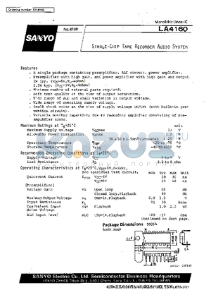 LA4160 datasheet - Single-Chip Tape Recorder Audio System