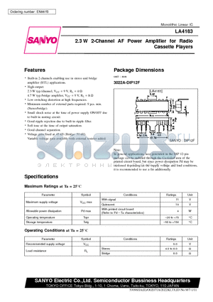 LA4183 datasheet - 2.3 W 2-Channel AF Power Amplifier for Radio Cassette Players