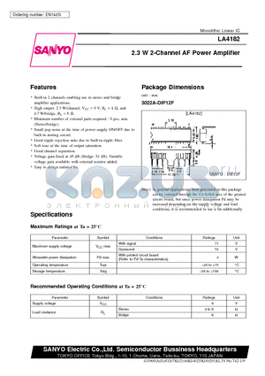 LA4182 datasheet - 2.3 W 2-Channel AF Power Amplifier