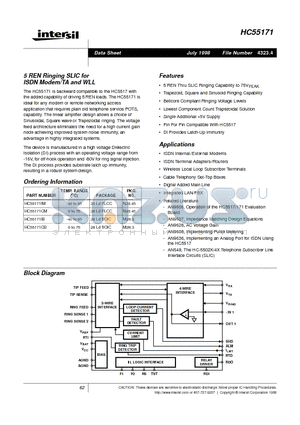 HC55171 datasheet - 5 REN Ringing SLIC for ISDN Modem/TA and WLL