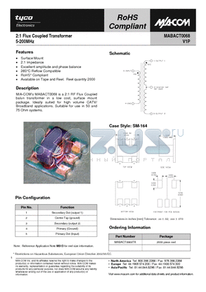 MABACT0068 datasheet - 2:1 Flux Coupled Transformer 5-200MHz