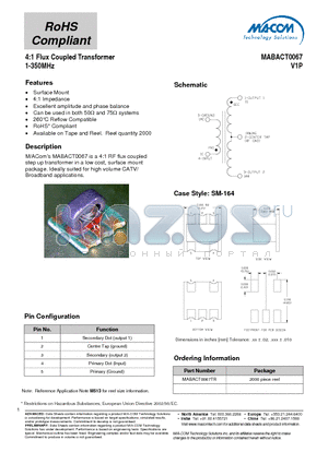 MABACT0067TR datasheet - 4:1 Flux Coupled Transformer 1-350MHz