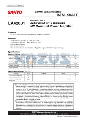LA42031 datasheet - Monolithic Linear IC Audio Output for TV application 5W Monaural Power Amplifier