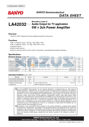 LA42032 datasheet - Monolithic Linear IC Audio Output for TV application 5W  2ch Power Amplifier