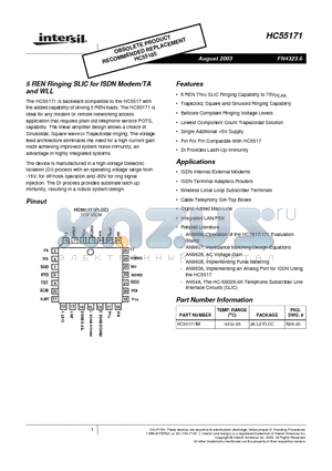 HC55171IM datasheet - 5 REN Ringing SLIC for ISDN Modem/TA and WLL