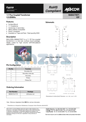 MABACT0071TR datasheet - 1:1 Flux Coupled Transformer 0.3-200MHz