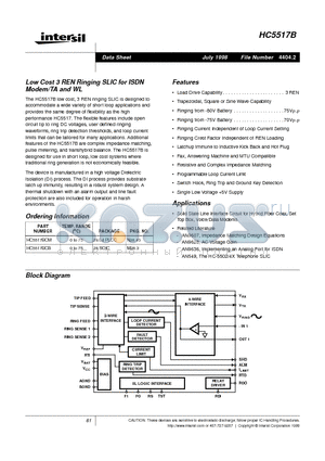 HC5517BCB datasheet - Low Cost 3 REN Ringing SLIC for ISDN Modem/TA and WL