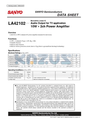 LA42102 datasheet - Monolithic Linear IC Audio Output for TV application 10W  2ch Power Amplifier