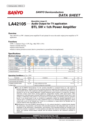 LA42105 datasheet - Monolithic Linear IC Audio Output for TV application BTL 5W  1ch Power Amplifier
