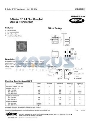 MABAES0010 datasheet - E-Series RF 1:4 Flux Coupled Step-up Transformer