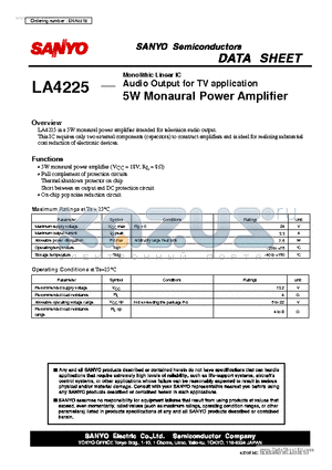 LA4225 datasheet - Monolithic Linear IC Audio Output for TV application 5W Monaural Power Amplifier