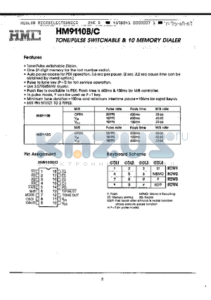 HM9110B datasheet - TONE/PULSE SWITCHABLE 10 MEMORY DIALER