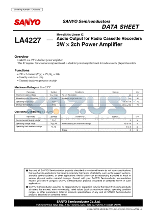 LA4227 datasheet - Audio Output for Radio Cassette Recorders 3W  2ch Power Amplifier